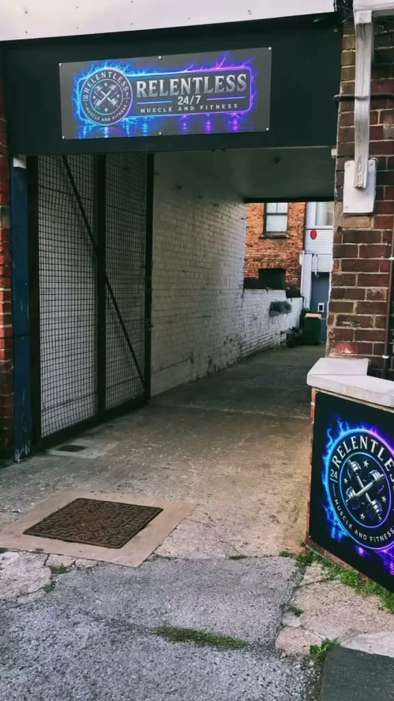 The Relentless 24/7 entrance on Belle Vue Street, with the sign over the gate